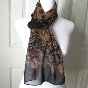 Sheer PAISLEY SCARF Tan Gold Lines Brown 100% Polyester Elegant Made in Korea